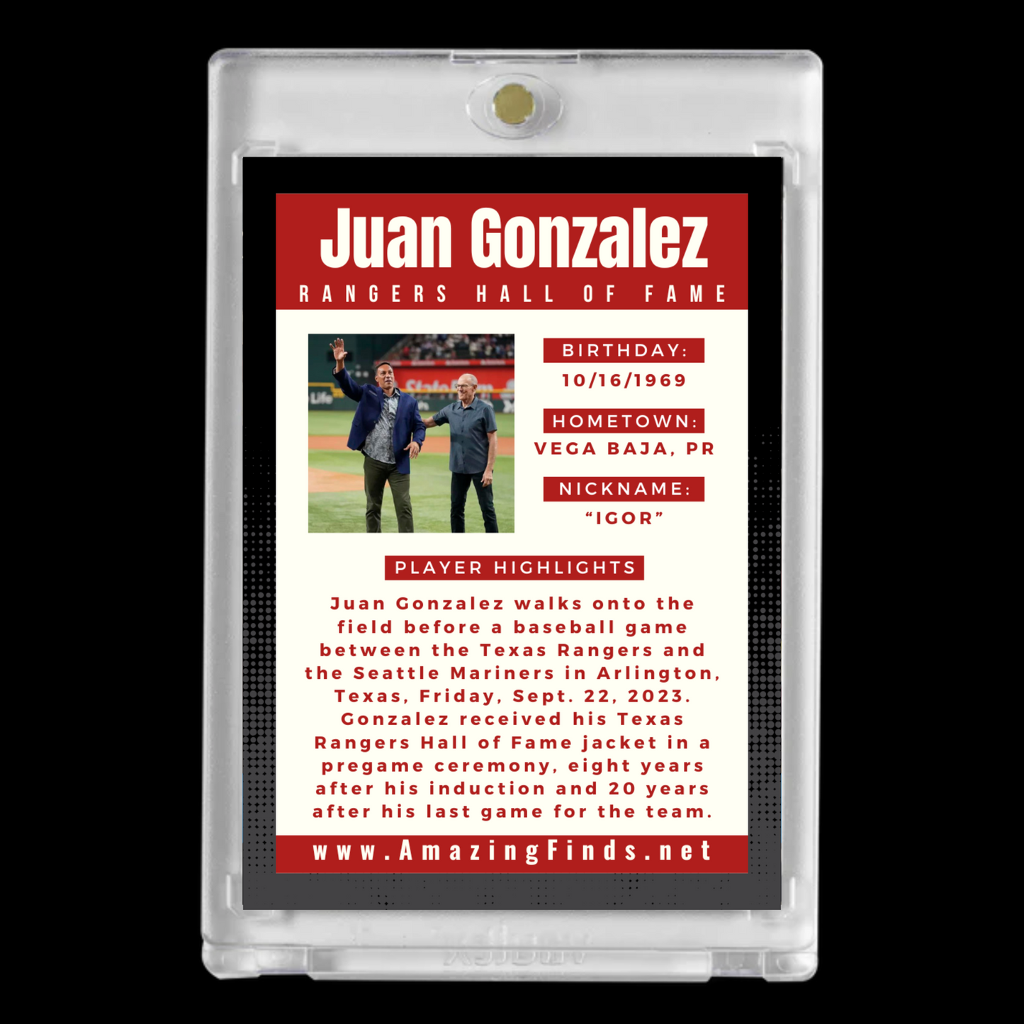 Juan Igor Gonzalez – Texas Rangers 2023 Hall of Fame Jacket Ceremony Card!