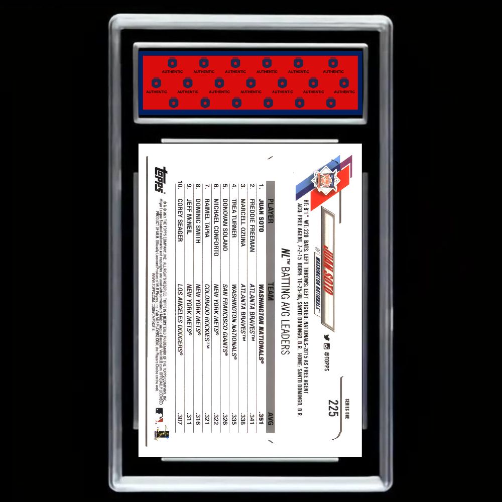 2021 Topps Baseball S1 #225 Juan Soto Topps 70th LEAGUE LEADERS Nationals - Graded Gem Mint 10!