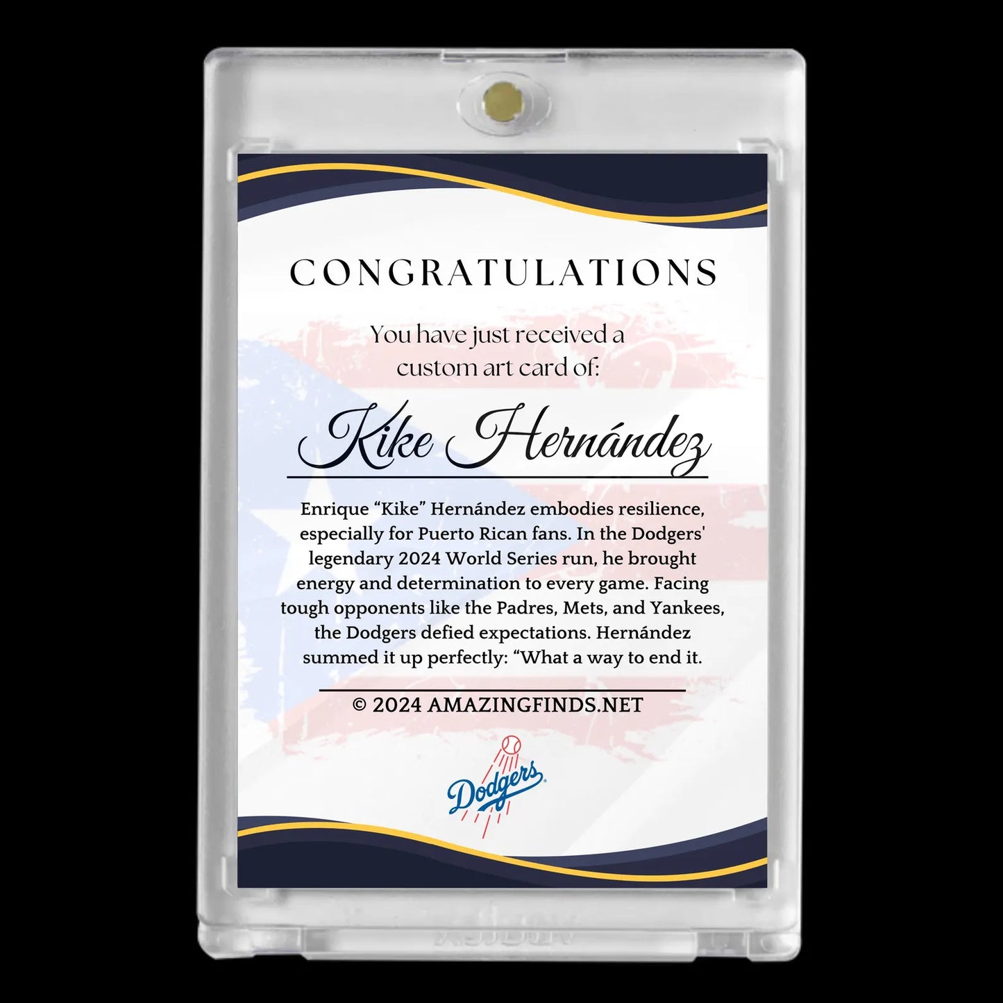 Enrique Kike Hernández 2024 #8 Los Angeles Dodgers Puerto Rican Flag Boricua Facsimile Autograph Mint Card!
