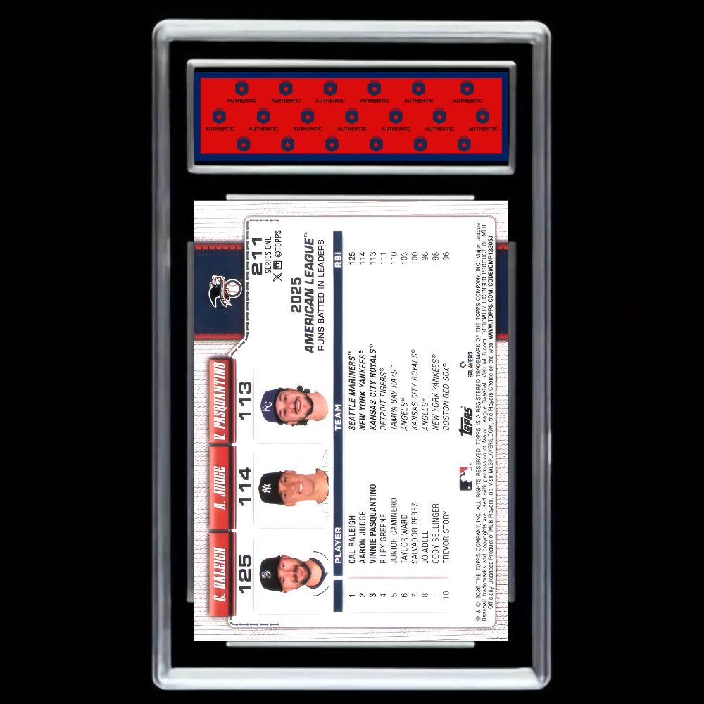 Aaron Judge, Vinnie Pasquantino and Cal Raleigh 2026 Topps RBI American League Leaders – Graded GEM MT 10 Baseball Card