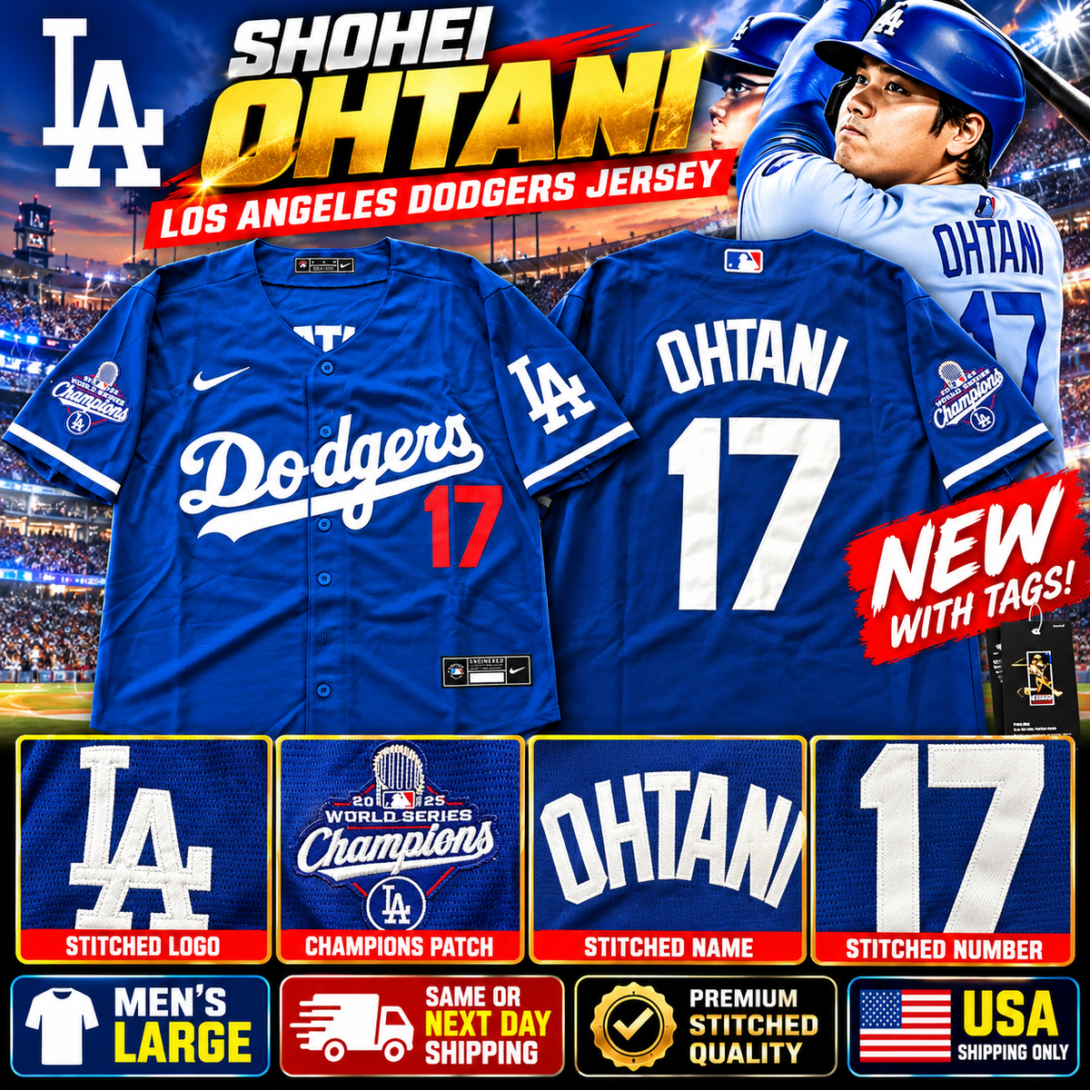 NWT Shohei Ohtani Dodgers Men's Large Blue Away Jersey Stitched #17
