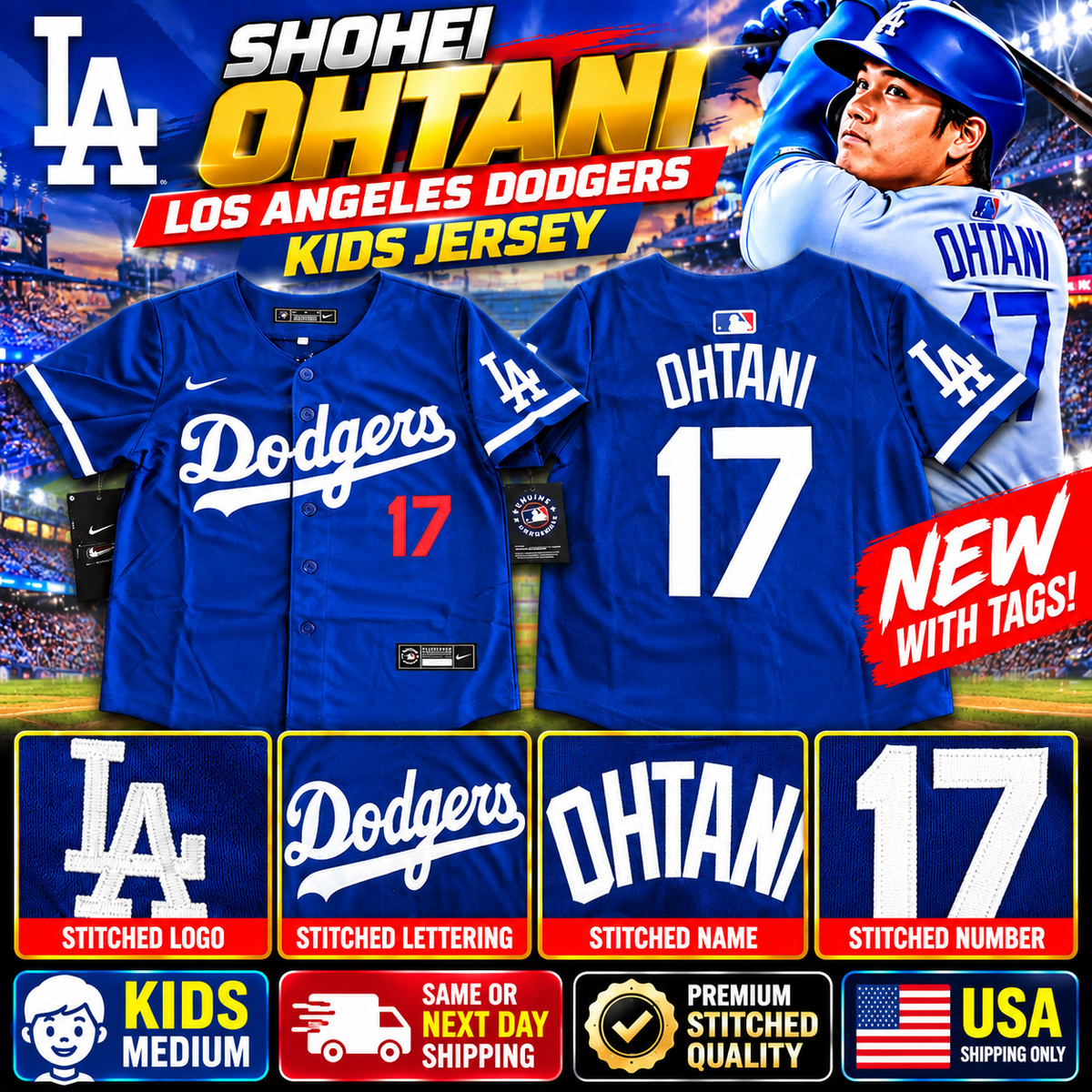 NWT Shohei Ohtani Dodgers Kids Medium Blue Away Jersey Stitched #17