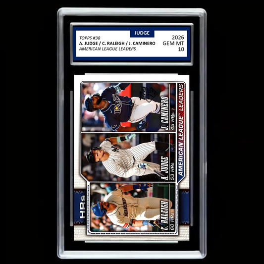 2026 Topps #38 American League Home Run Leaders – Aaron Judge, Cal Raleigh & Junior Caminero – GEM MINT 10!