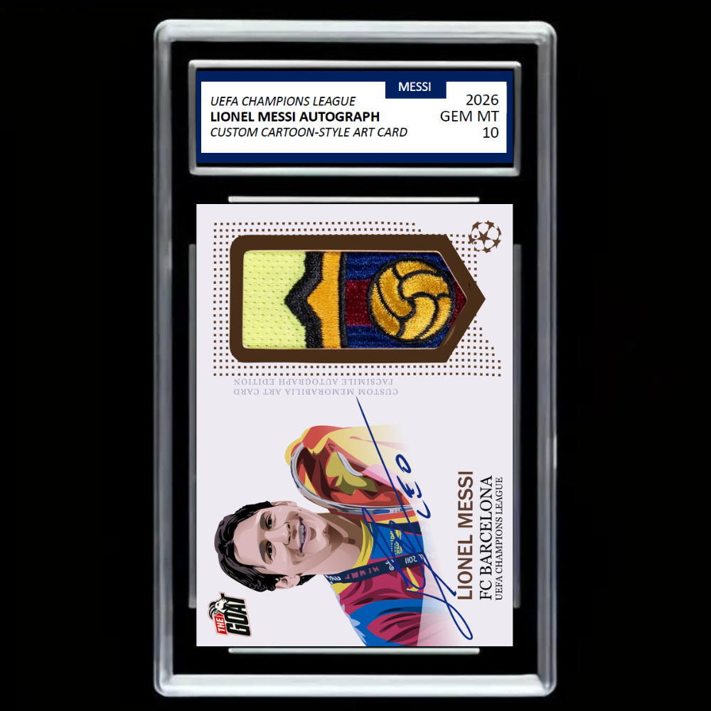 Lionel Messi FC Barcelona UEFA Champions The Goat Facsímile Auto Cartoon Art Card - GRADED Gem Mint 10!