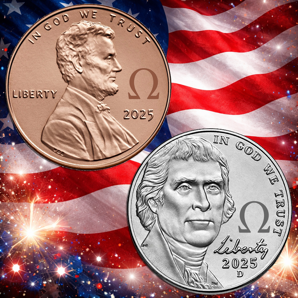 2025 “OMEGA Ω” Counterstamp Lincoln Penny & Nickel Set In Stock + FREE SHIP!!