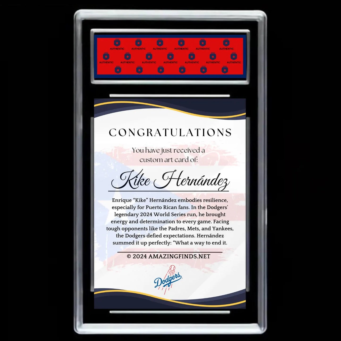 Enrique Kike Hernández 2024 #8 Los Angeles Dodgers Puerto Rican Flag Boricua Facsimile Autograph Mint Card - Graded GEM-MINT 10