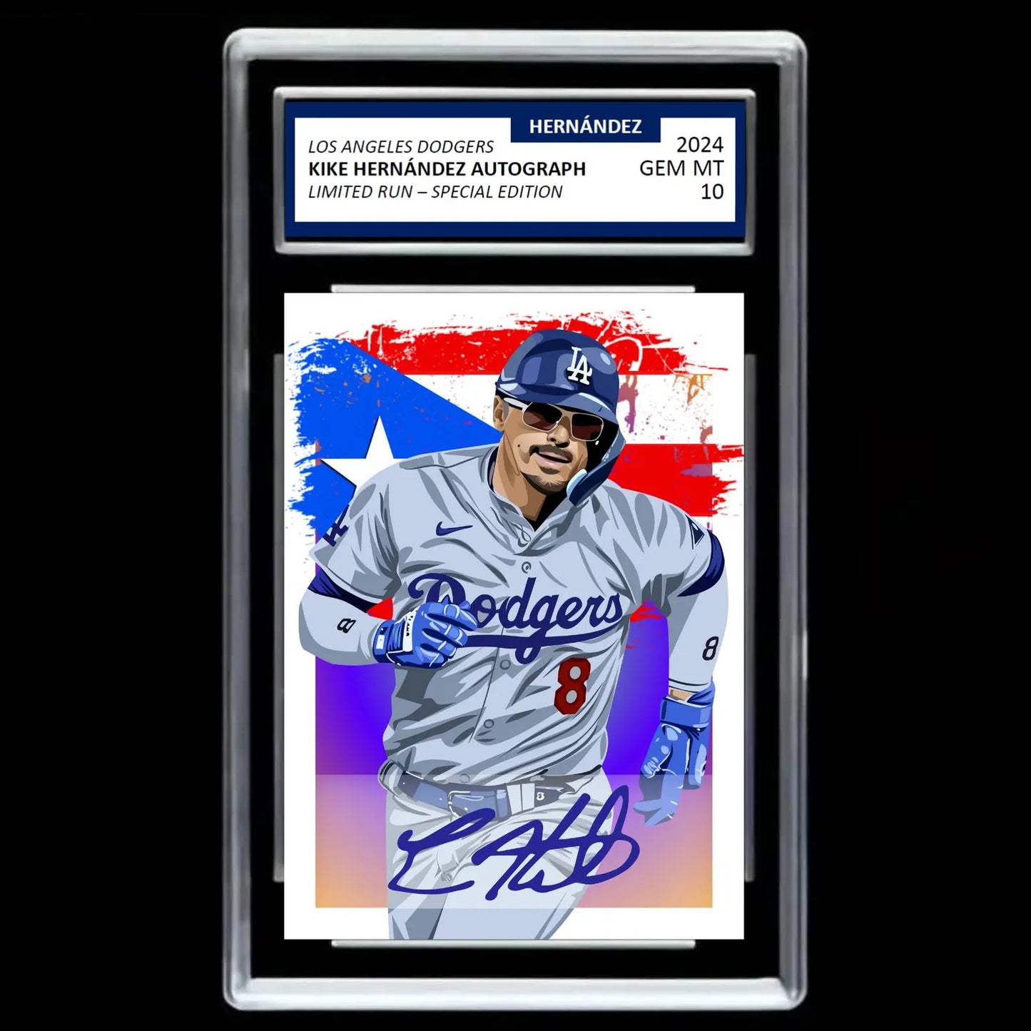 Enrique Kike Hernández 2024 #8 Los Angeles Dodgers Puerto Rican Flag Boricua Facsimile Autograph Mint Card - Graded GEM-MINT 10
