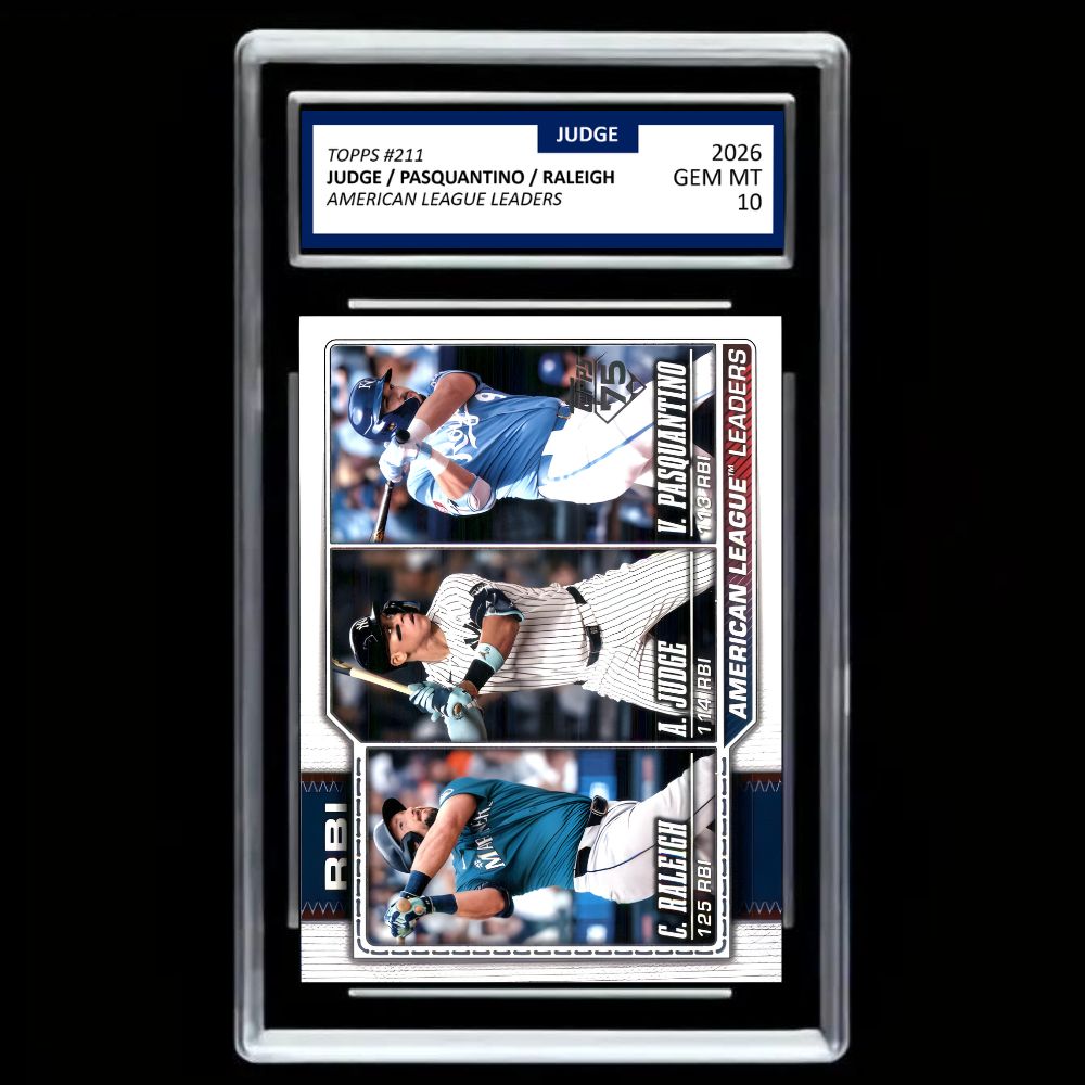 Aaron Judge, Vinnie Pasquantino and Cal Raleigh 2026 Topps RBI American League Leaders – Graded GEM MT 10 Baseball Card
