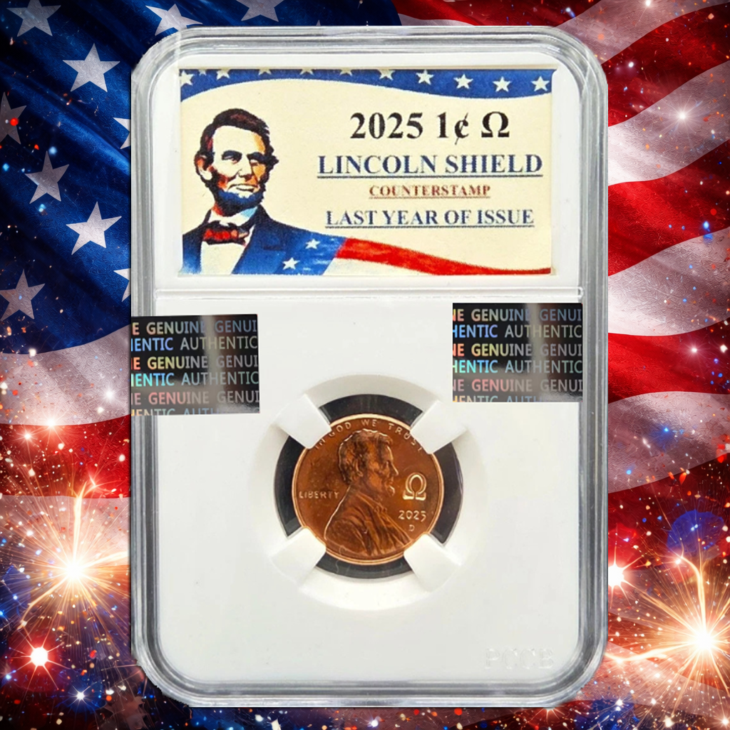 2025 Lincoln Shield Penny Cent OMEGA Ω Counterstamp with Slab Holder IN STOCK!!